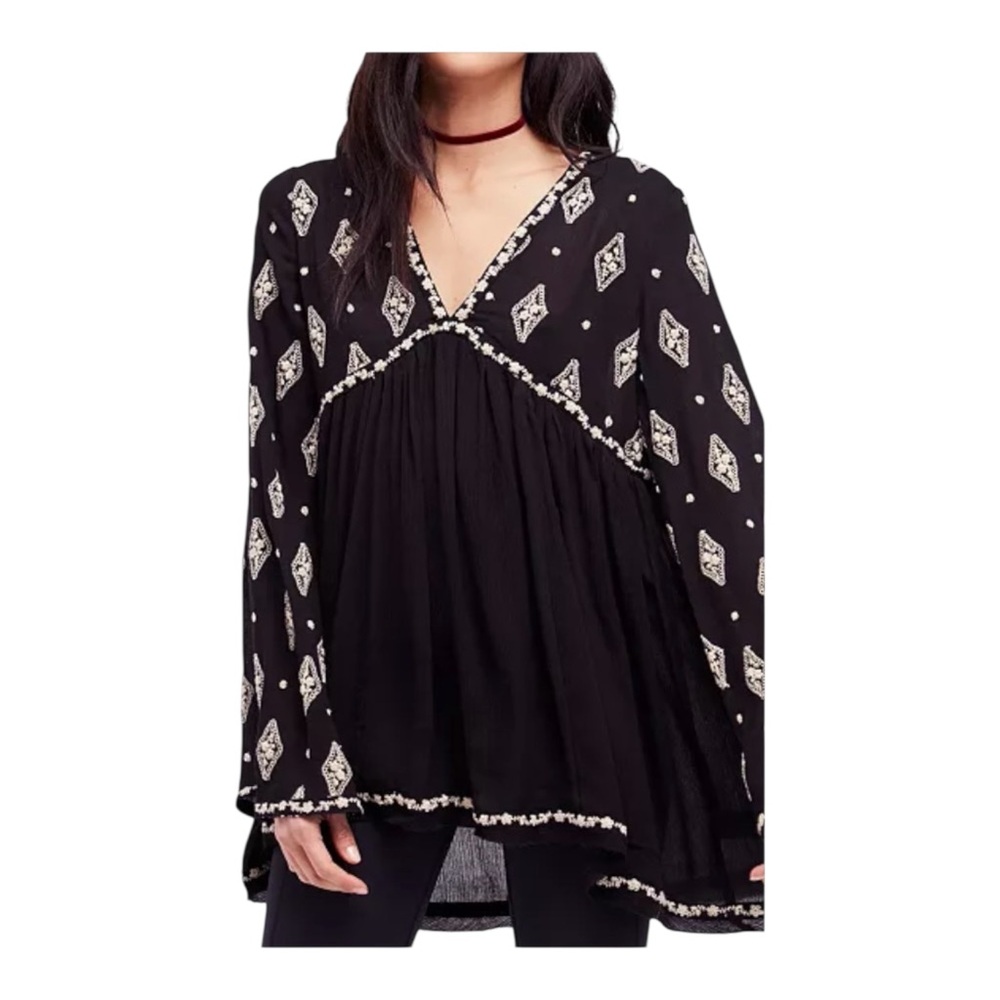 Free people Diamond Embroidered Top-tunic Size Medium Dark Feminine Bohemian
